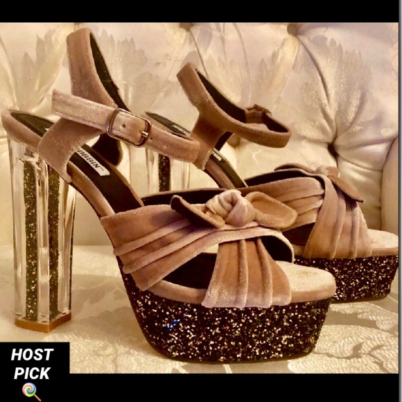 VELVET BOW GLITTER PLATFORM/LUCITE GLITTER HEEL - Picture 2 of 7